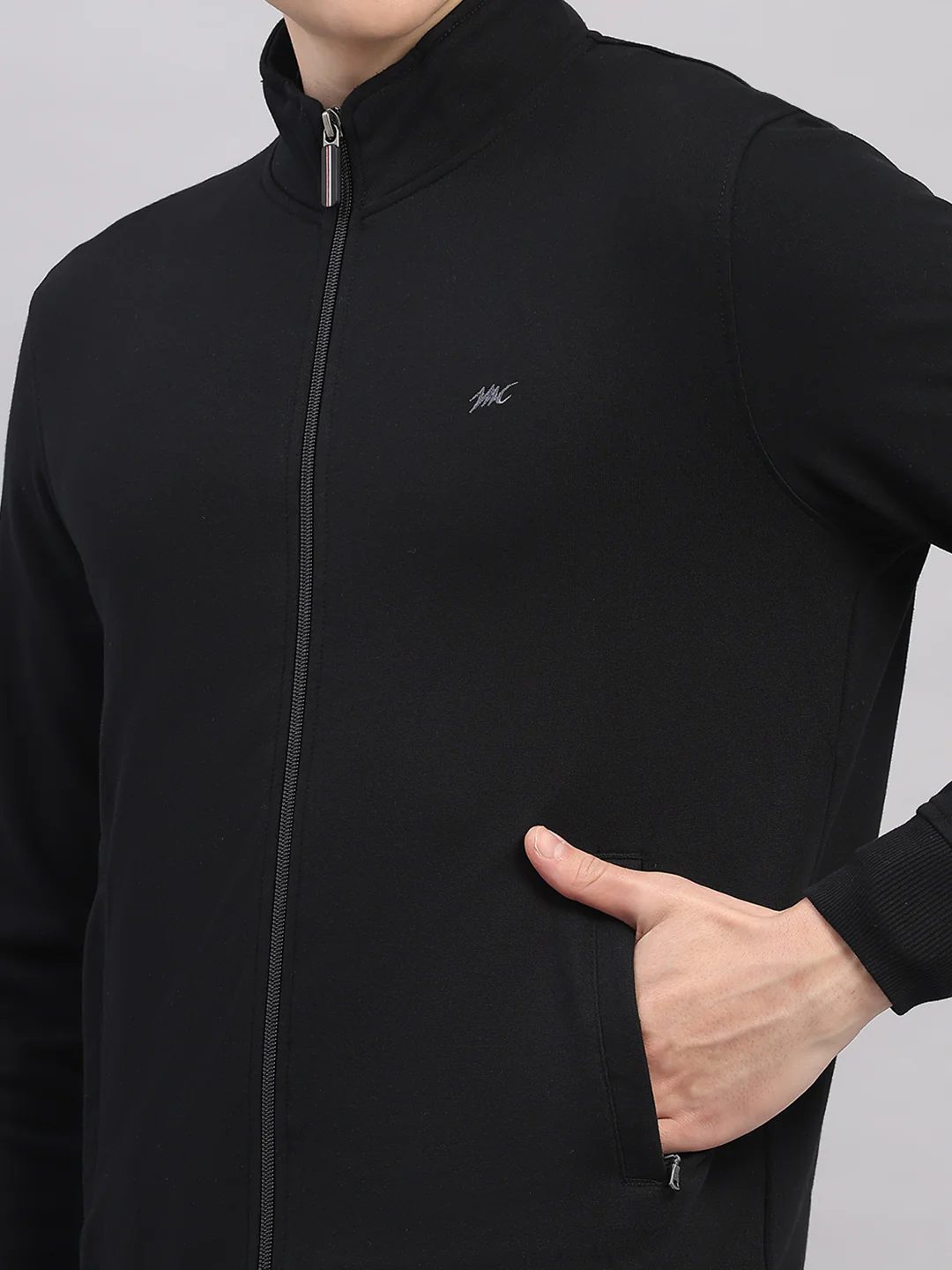 Men Black Solid Stand Collar Full Sleeve Sweatshirt - Image 6
