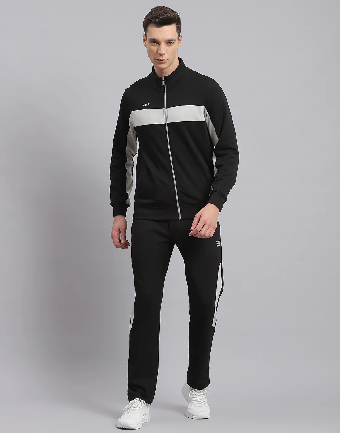 Rock.it Men Black Solid Stand Collar Full Sleeve Tracksuit - Image 2