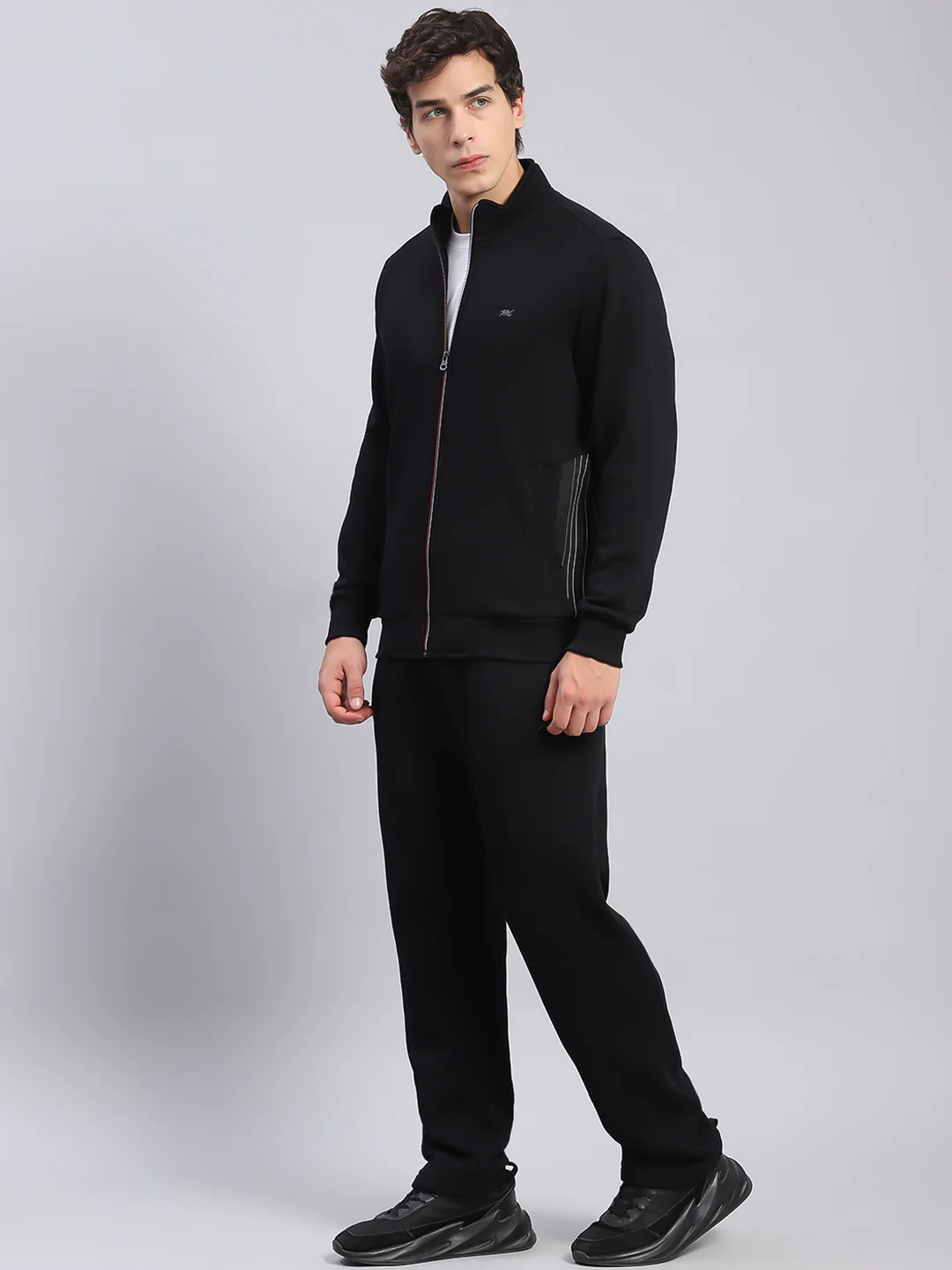 Men Black Solid Stand Collar Full Sleeve Tracksuits - Image 3