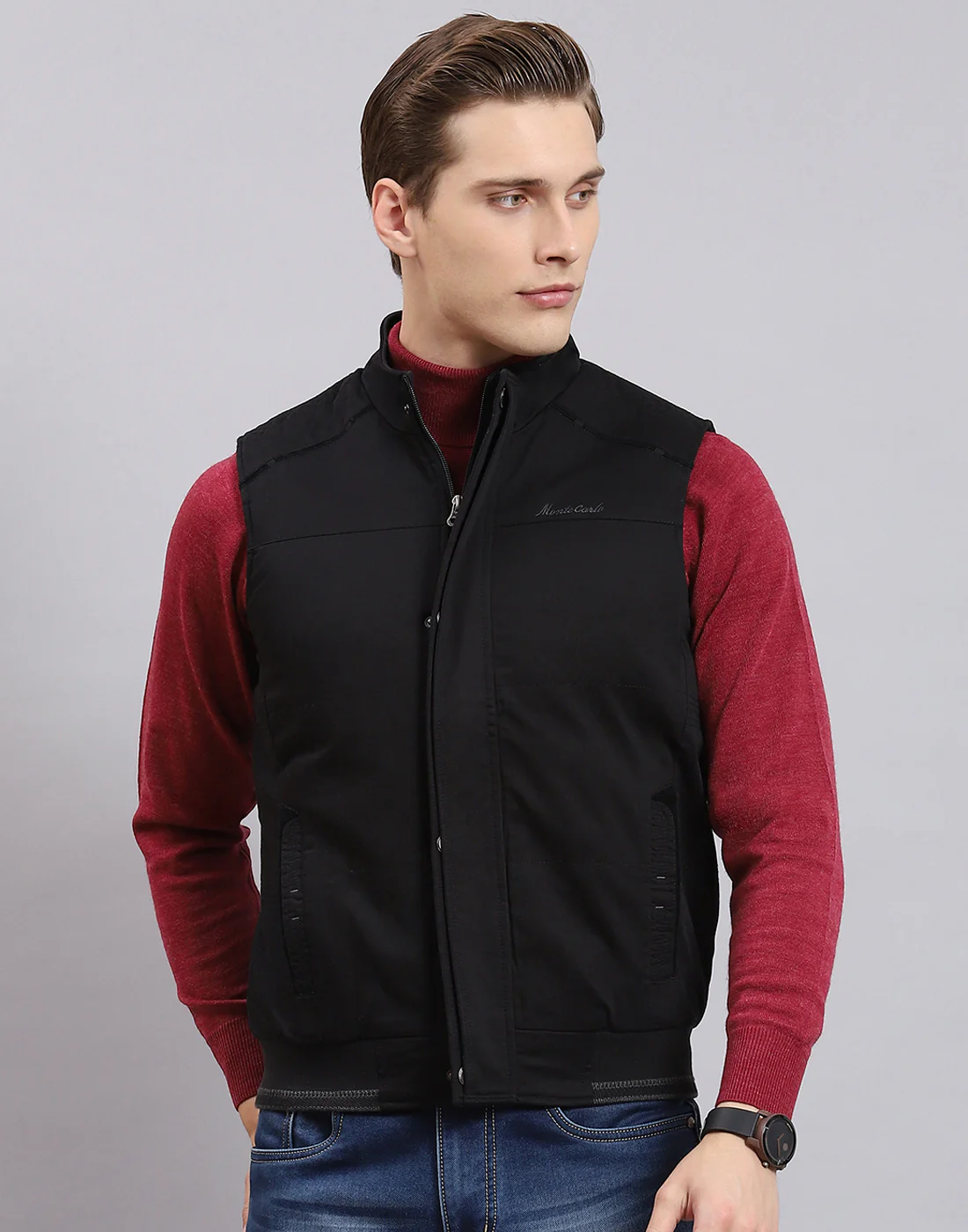 Men Black Solid Stand Collar Sleeveless Jacket - Image 2