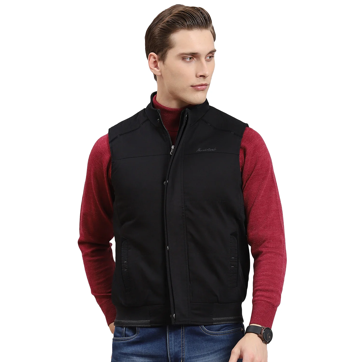 Men Black Solid Stand Collar Sleeveless Jacket - Image 5