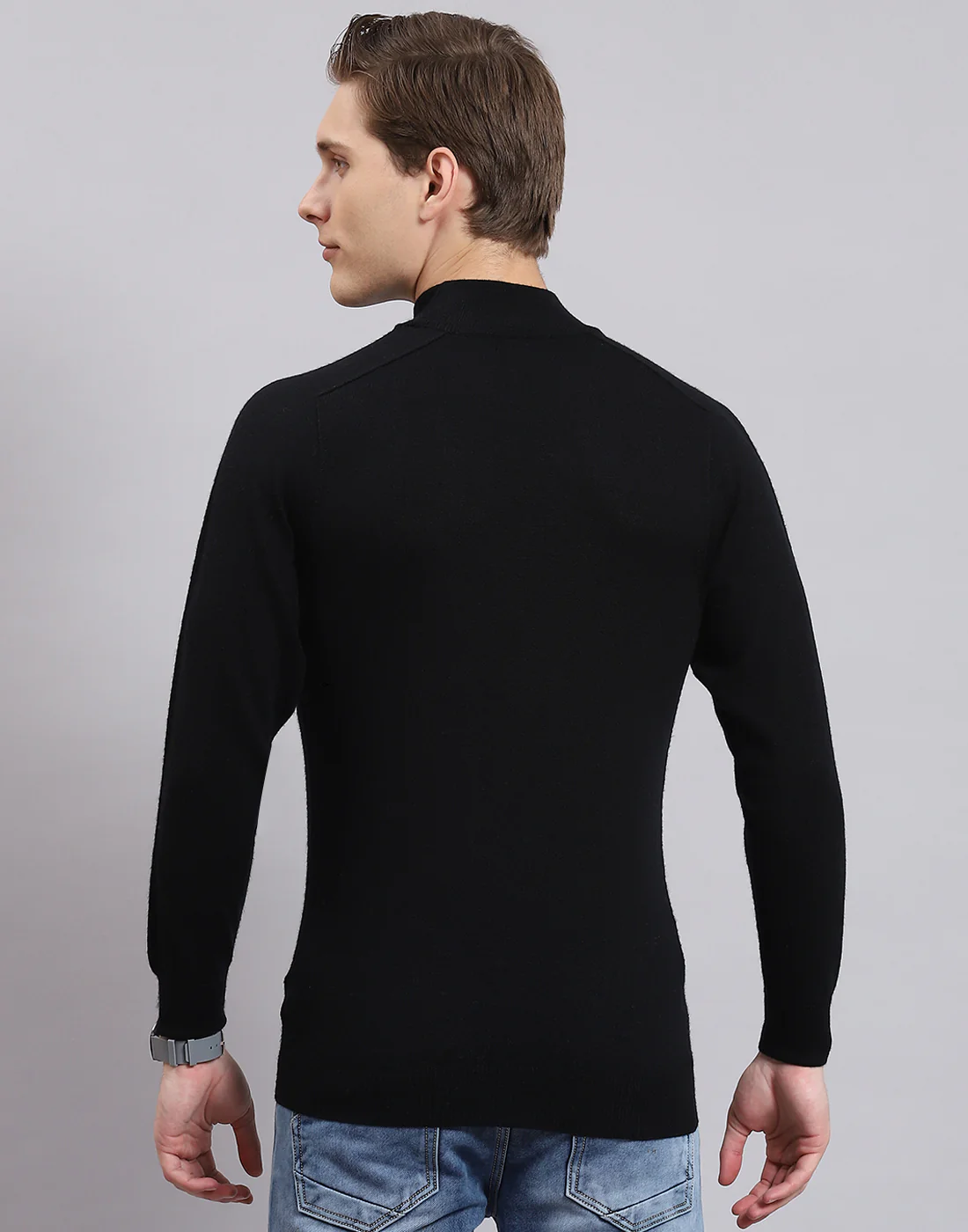 Men Black Solid T Neck Full Sleeve Sweater - Image 6