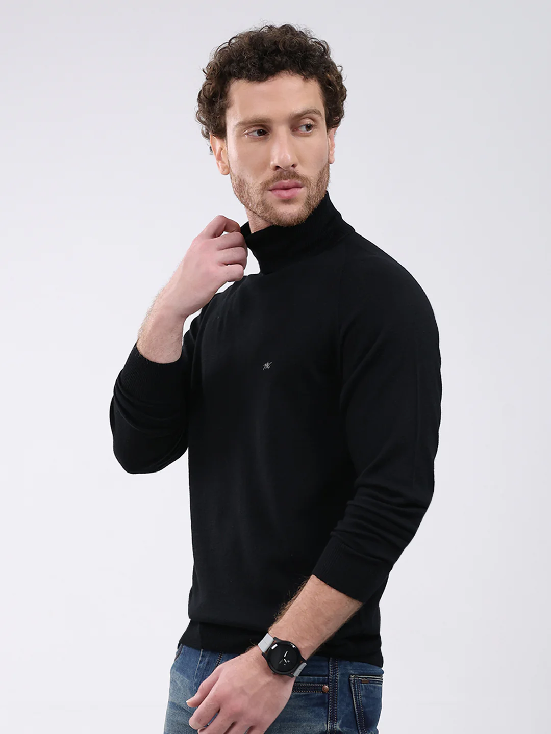 Men Black Solid Turtle Neck Full Sleeve Pullover - Image 3