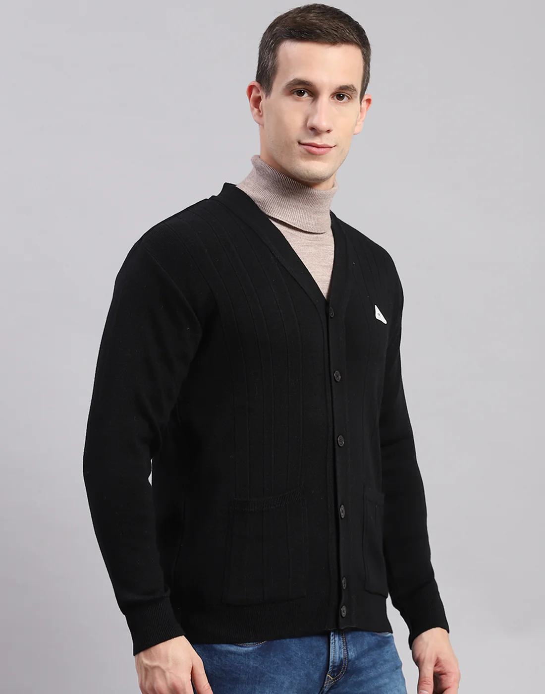 Men Black Solid V Neck Full Sleeve Cardigan - Image 3
