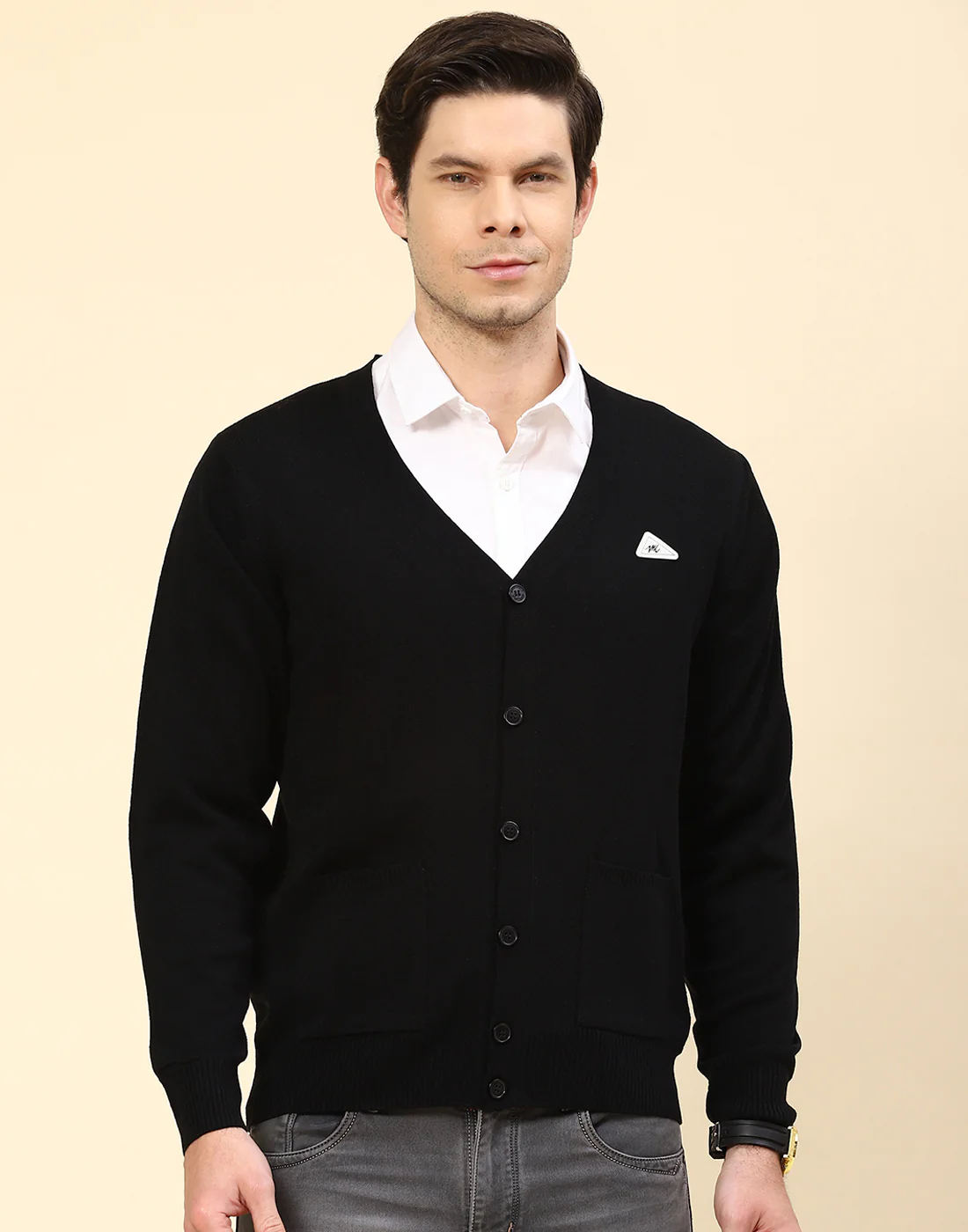 Men Black Solid V Neck Full Sleeve Cardigan - Image 3