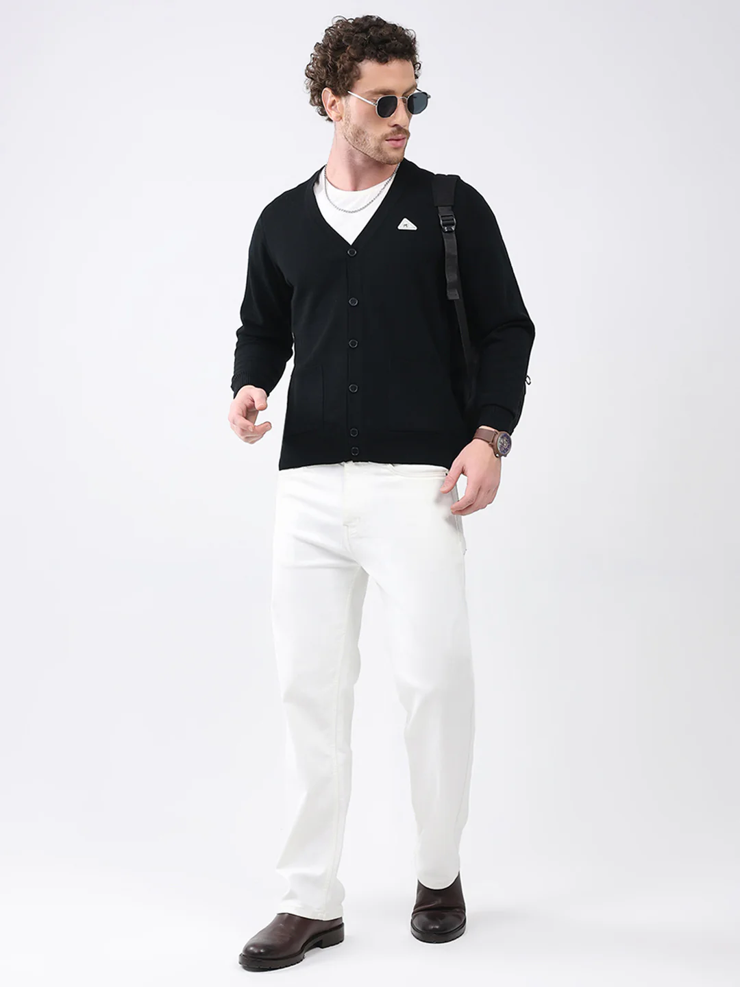 Men Black Solid V Neck Full Sleeve Cardigan - Image 2