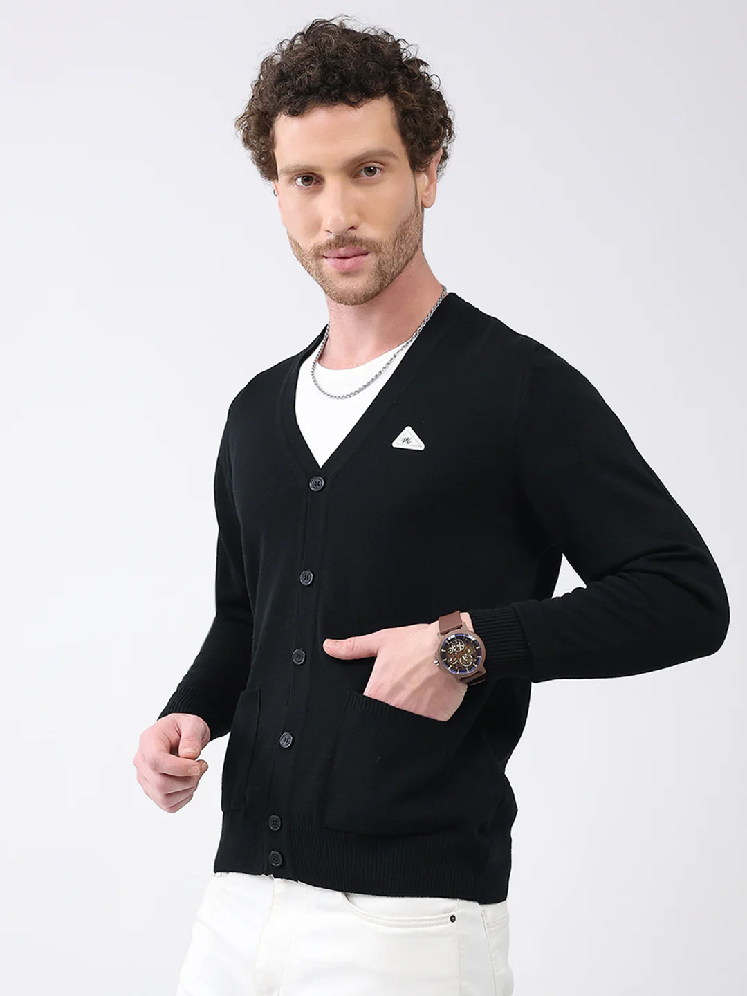 Men Black Solid V Neck Full Sleeve Cardigan - Image 3