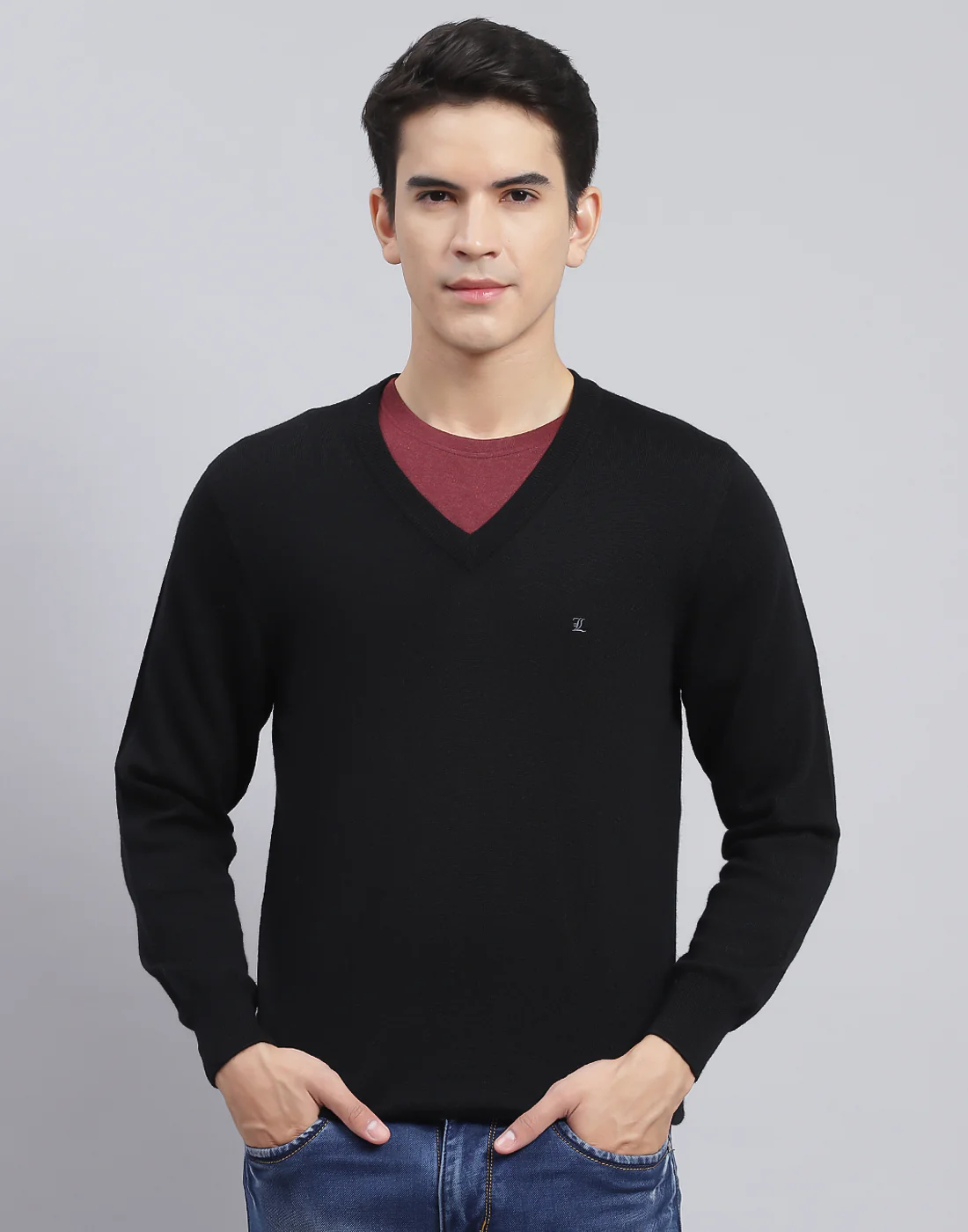 Men Black Solid V Neck Full Sleeve Pullover - Image 3