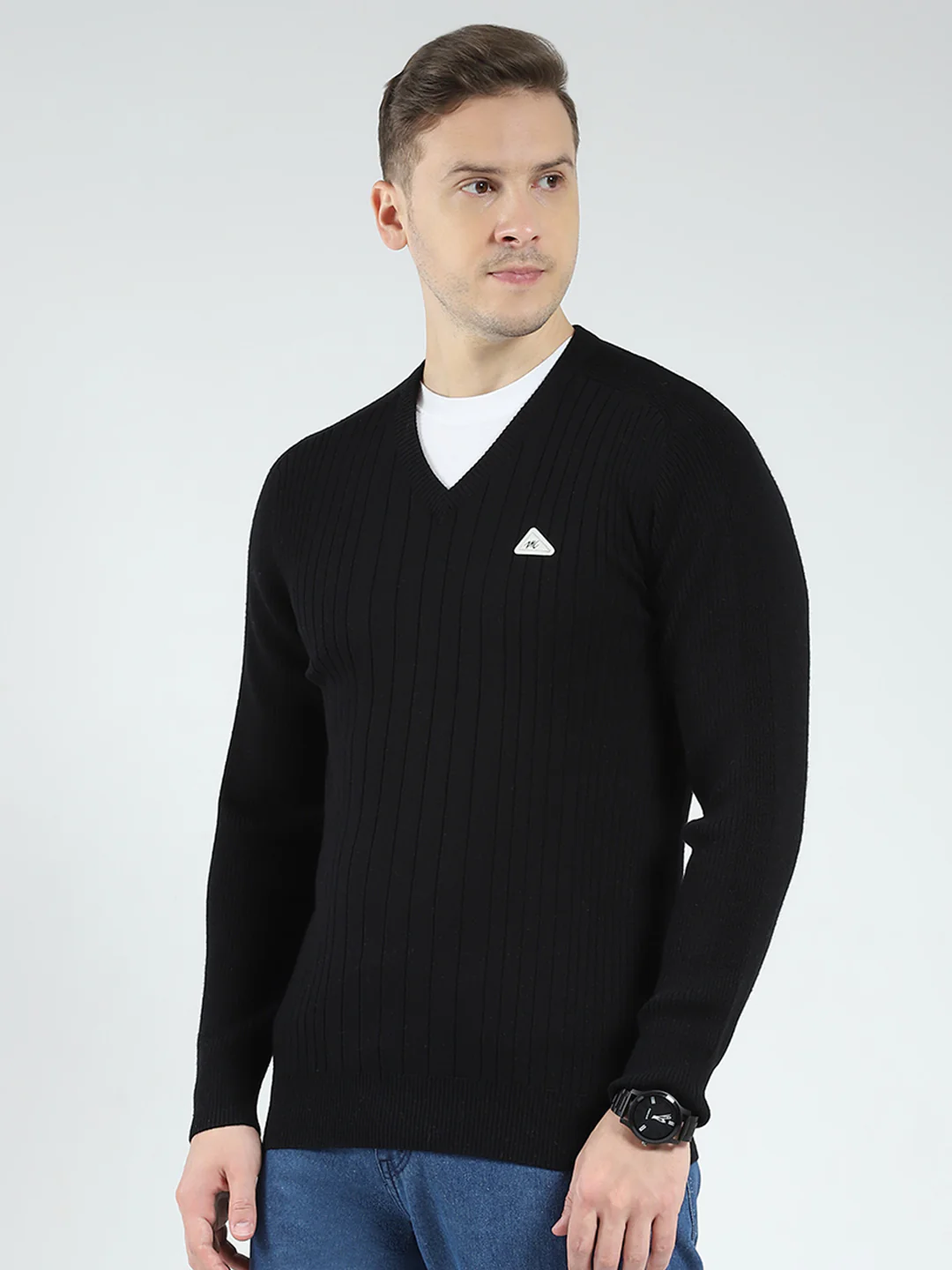 Men Black Solid V Neck Full Sleeve Pullover - Image 3