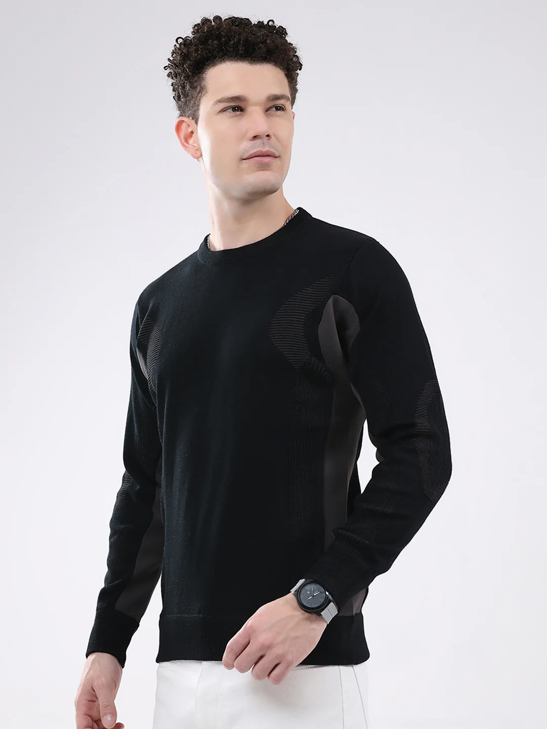 Men Black Solid Round Neck Full Sleeve Pullover - Image 3