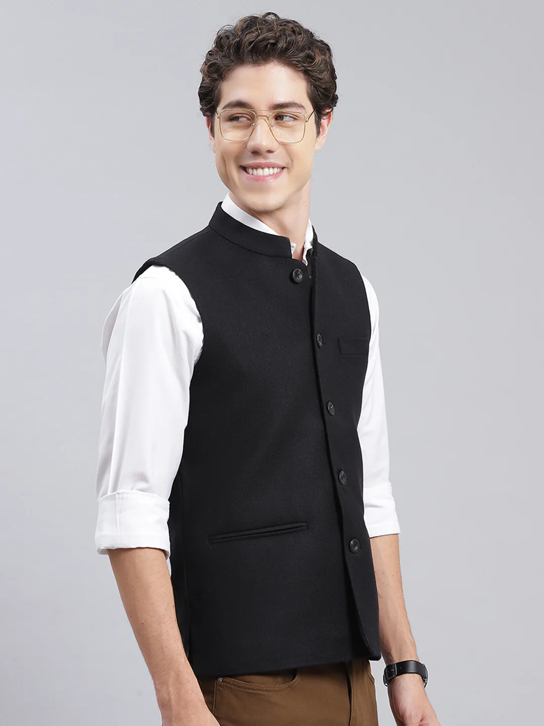 Men Black Solid Wool blend Coat - Image 3