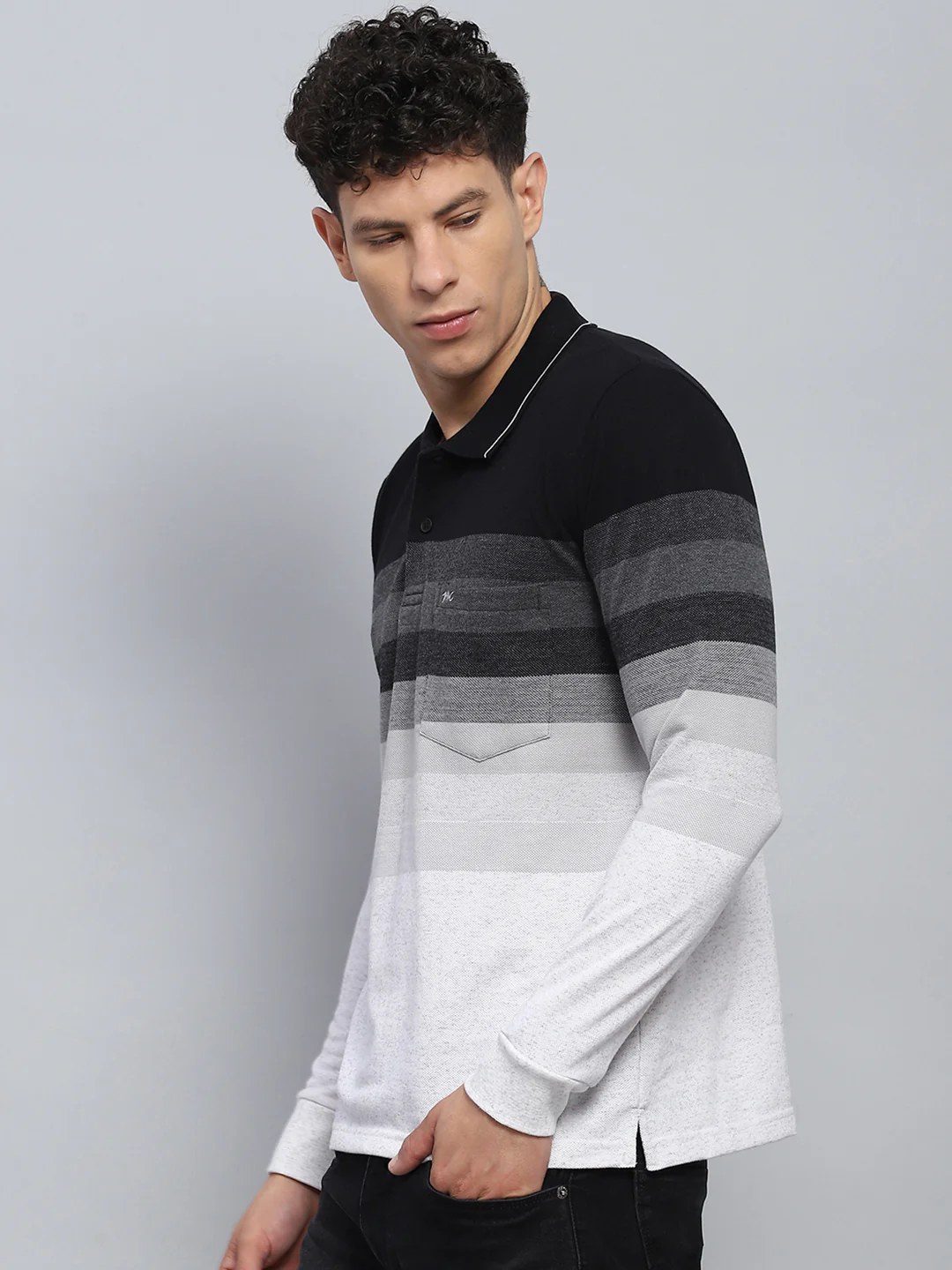 Men Black Stripe Collar Full Sleeve Winter T-Shirt - Image 3