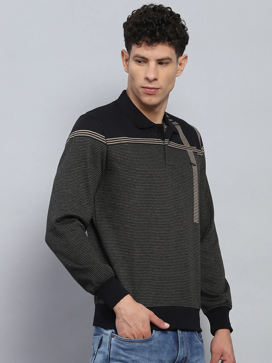 Men Black Stripe Collar Full Sleeve Winter T-Shirt - Image 4