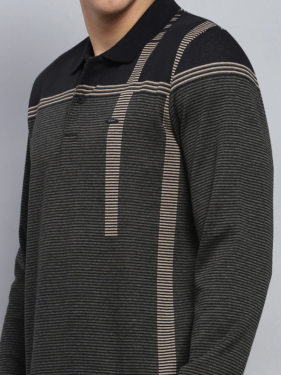 Men Black Stripe Collar Full Sleeve Winter T-Shirt - Image 6