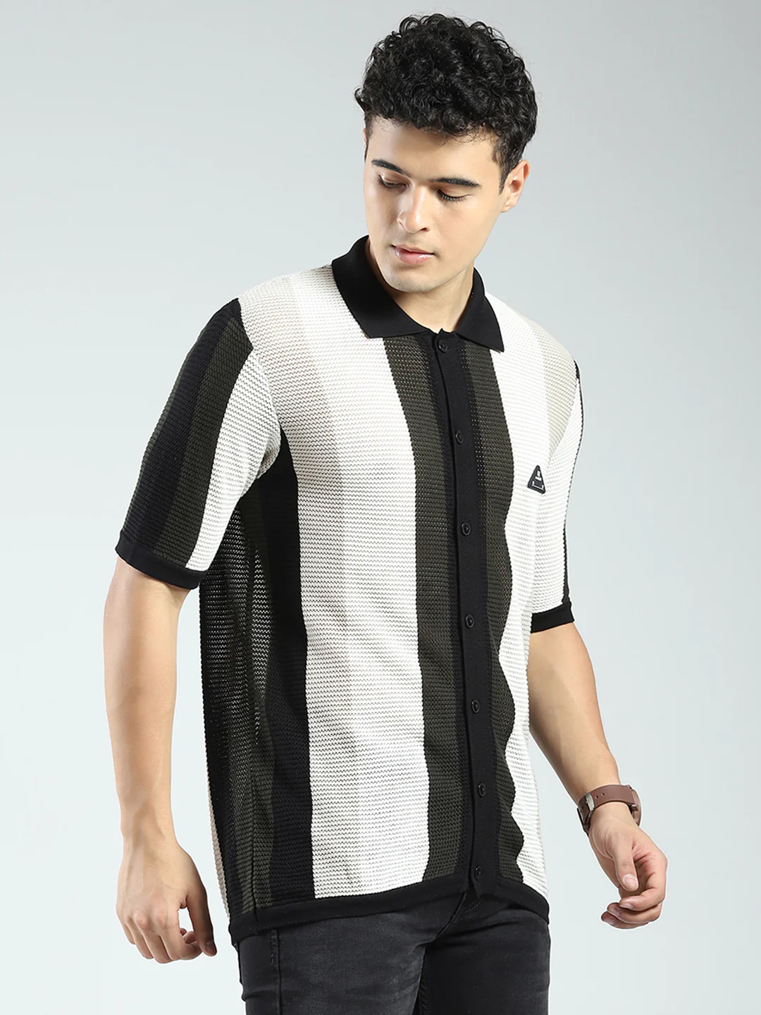 Rock.it Men Black Stripe Collar Half Sleeve Shirt - Image 4