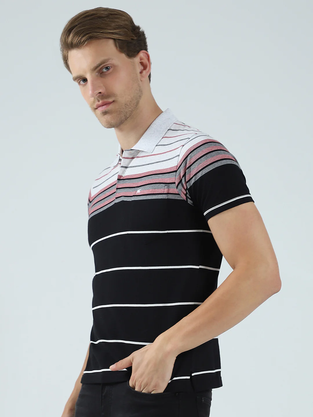 Men Black Stripe Collar Half Sleeve T-Shirt - Image 3
