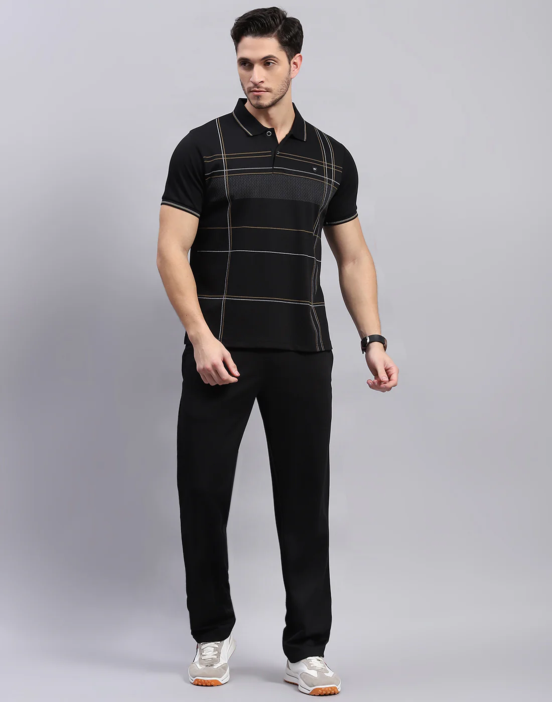 Men Black Stripe Polo Collar Half Sleeve Lower Set - Image 2