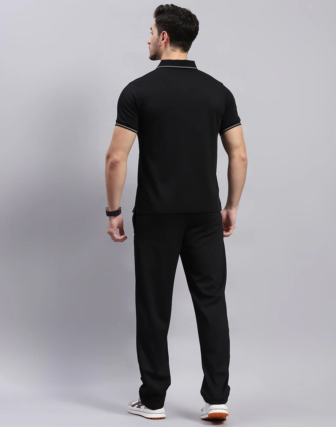 Men Black Stripe Polo Collar Half Sleeve Lower Set - Image 5