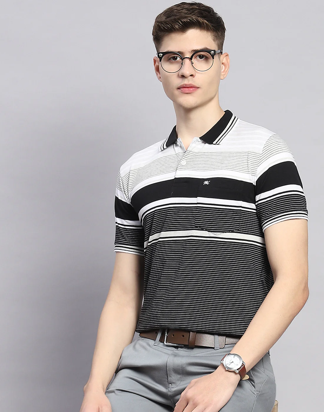 Men Black Stripe Polo Collar Half Sleeve T-Shirt - Image 6