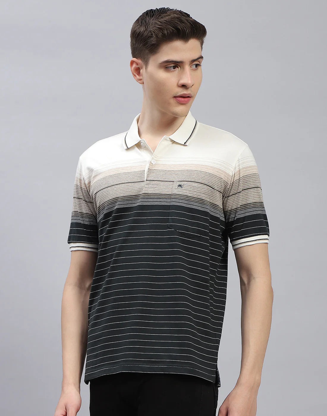 Men Black Stripe Polo Collar Half Sleeve T-Shirt - Image 4