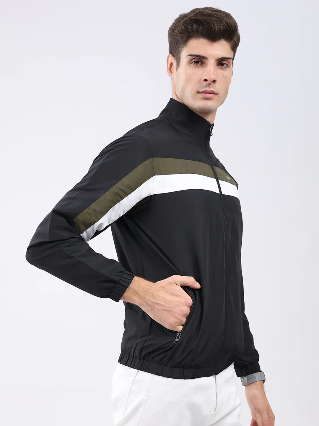Men Black Stripe Stand Collar Full Sleeve Jacket - Image 4