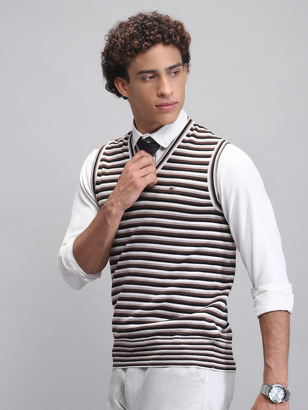 Men Black Stripe V Neck Sleeveless Sweater - Image 3