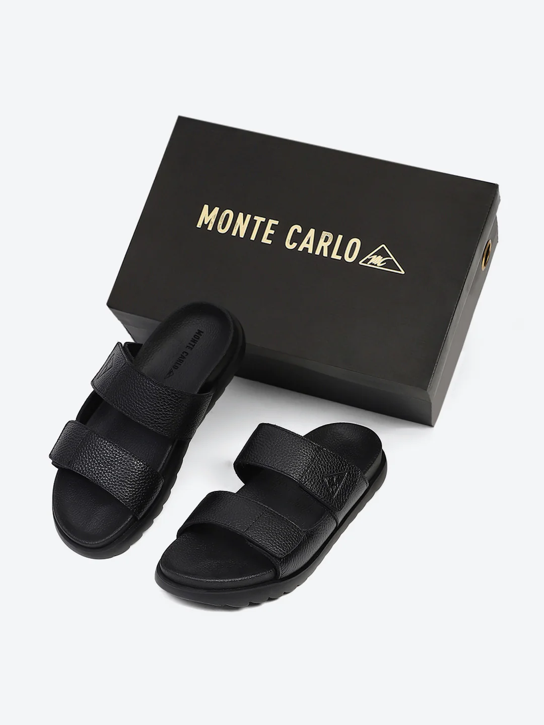 Men Black Velcro Genuine Leather Sliders - Image 2