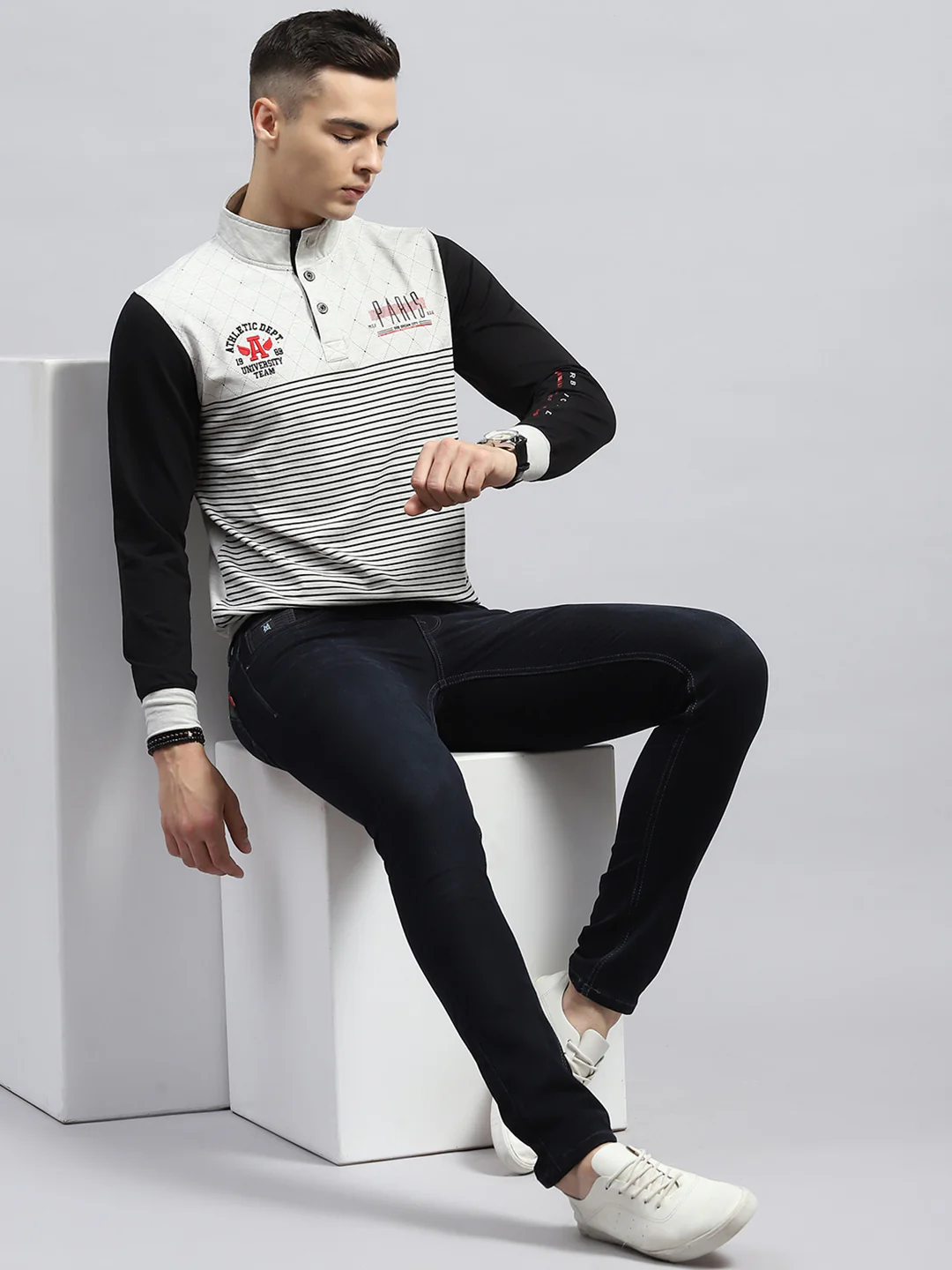 Men Black & White Printed Mock Neck Full Sleeve Winter T-Shirt - Image 2