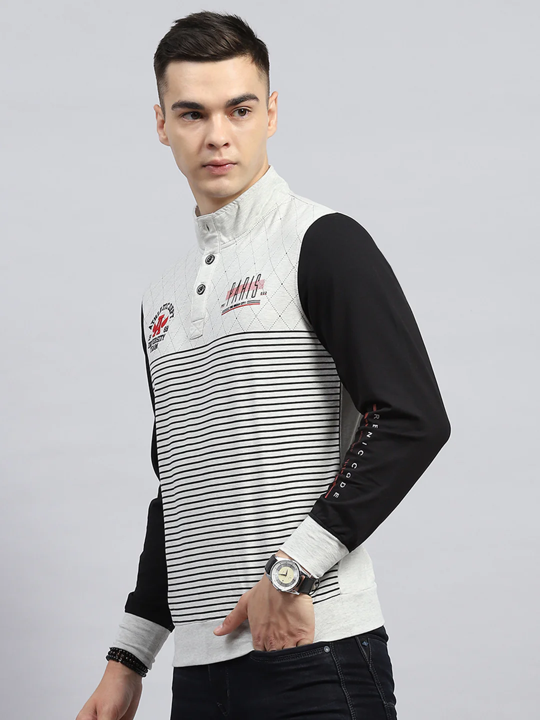 Men Black & White Printed Mock Neck Full Sleeve Winter T-Shirt - Image 3