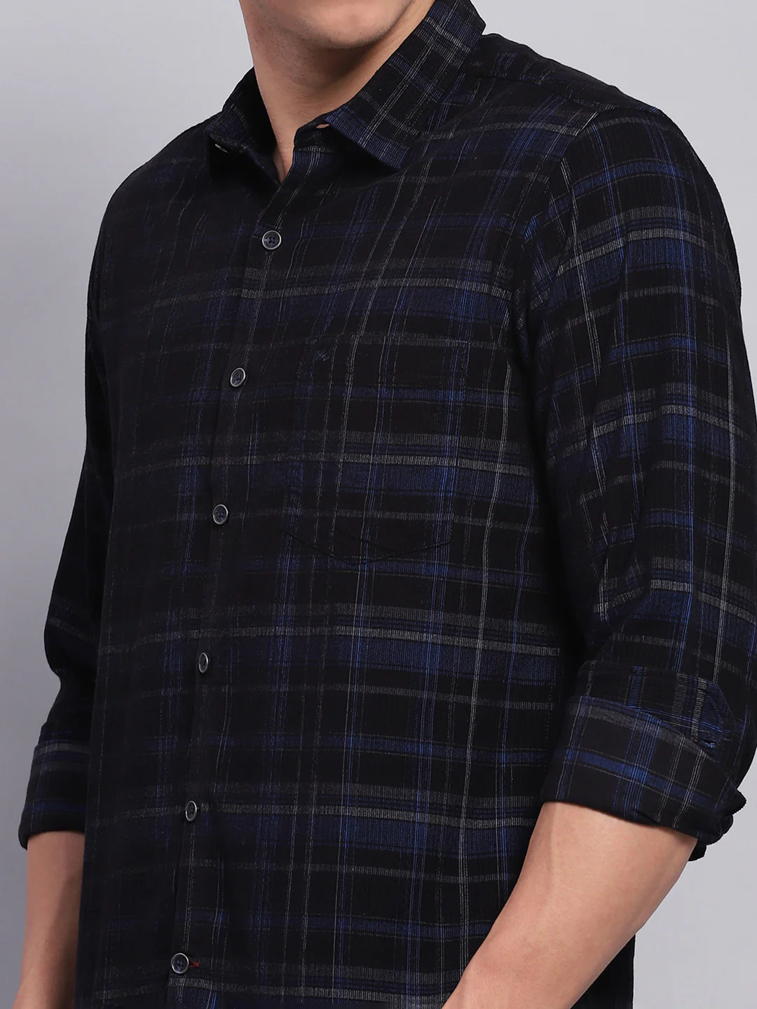 Men Blue & Black Check Collar Full Sleeve Shirt - Image 6