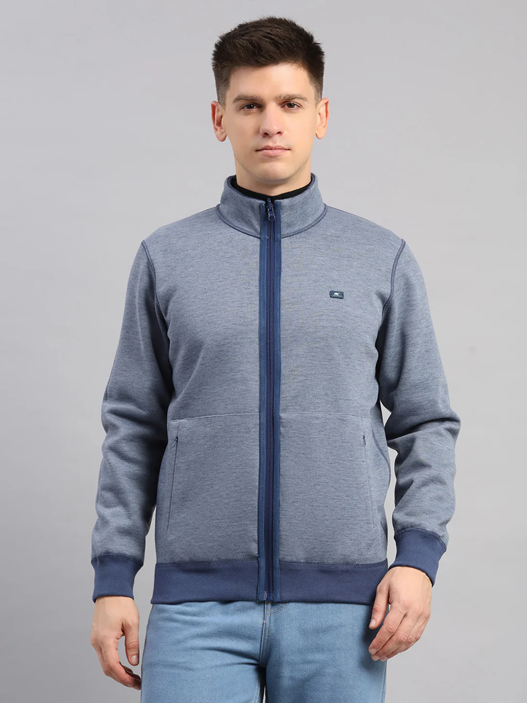 Men Blue Check Collar Full Sleeve Reversible Sweatshirt - Image 6