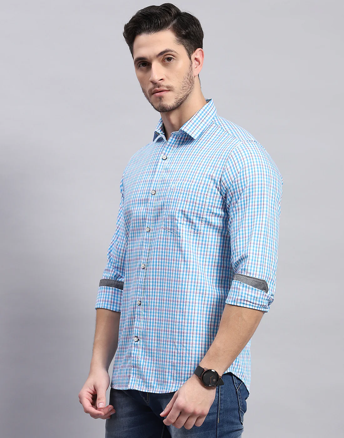 Men Blue Check Collar Full Sleeve Shirt - Image 3
