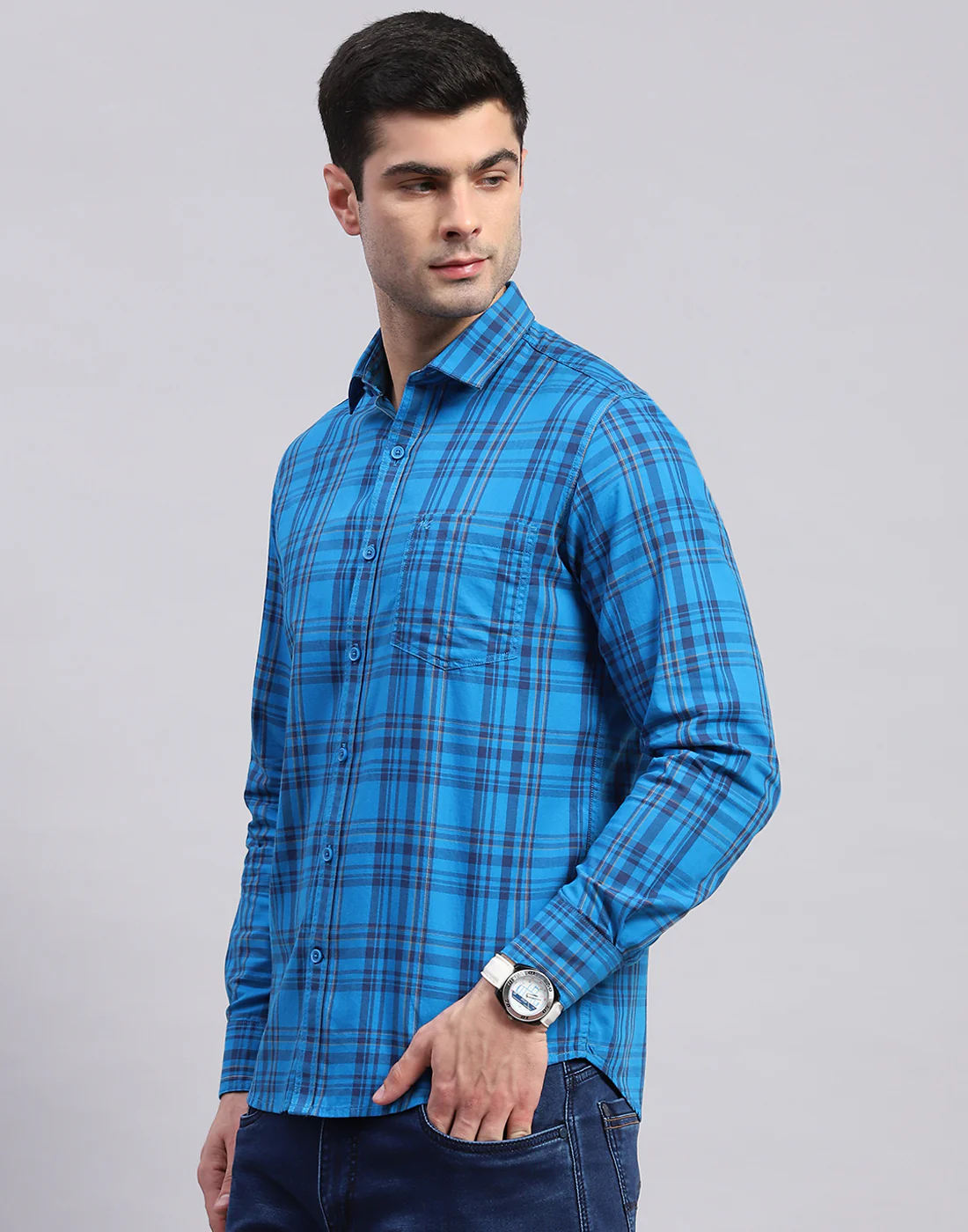 Men Blue Check Collar Full Sleeve Shirt - Image 4