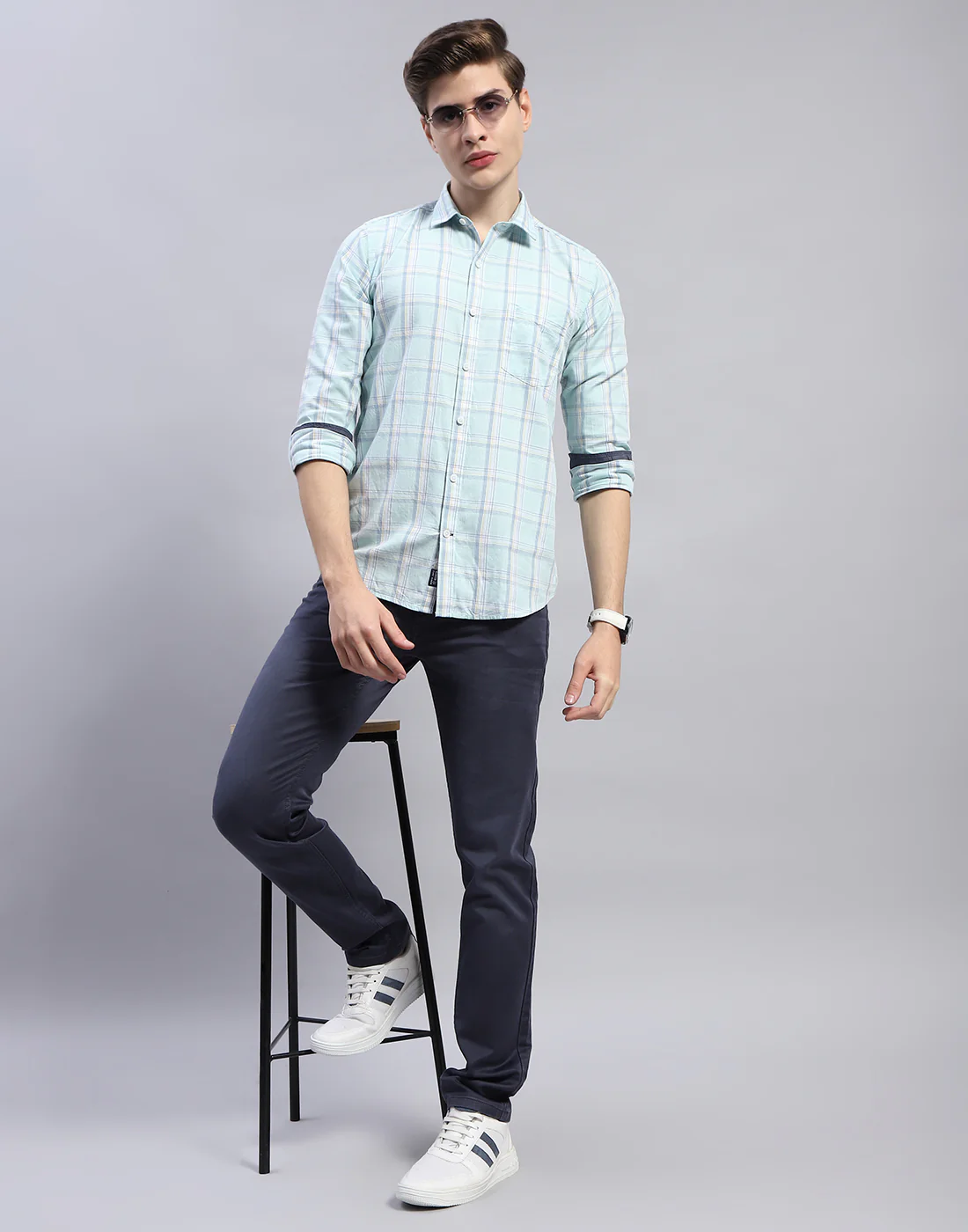 Men Blue Check Collar Full Sleeve Shirt - Image 2