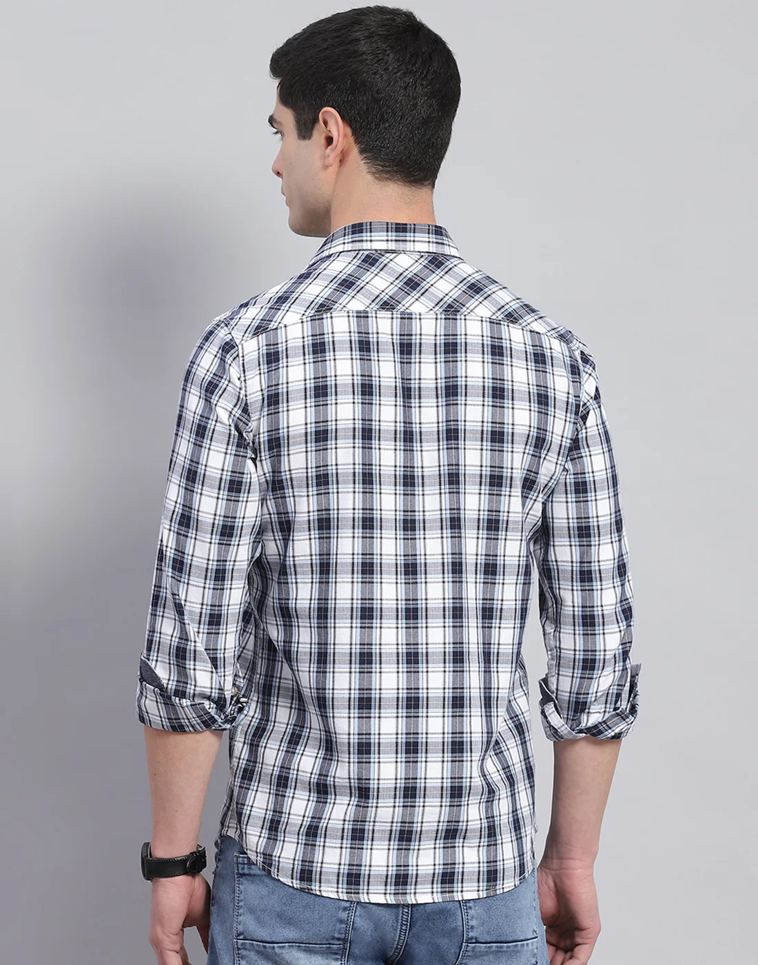 Men Blue Check Collar Full Sleeve Shirt - Image 6