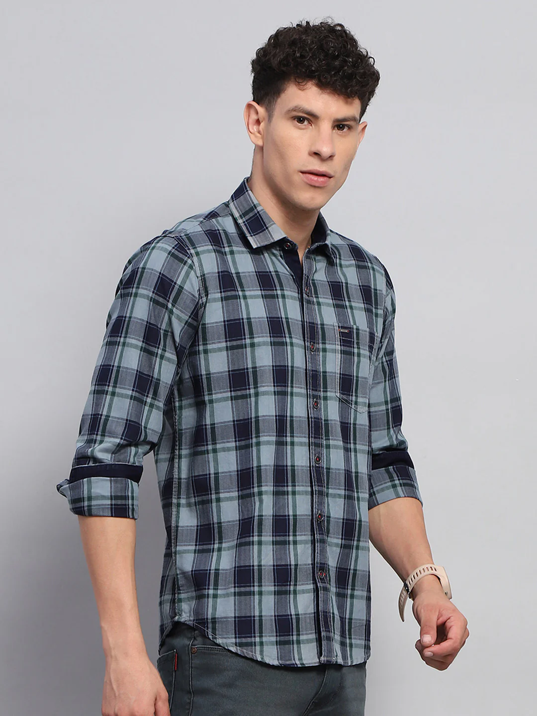 Men Blue Check Collar Full Sleeve Shirt - Image 4