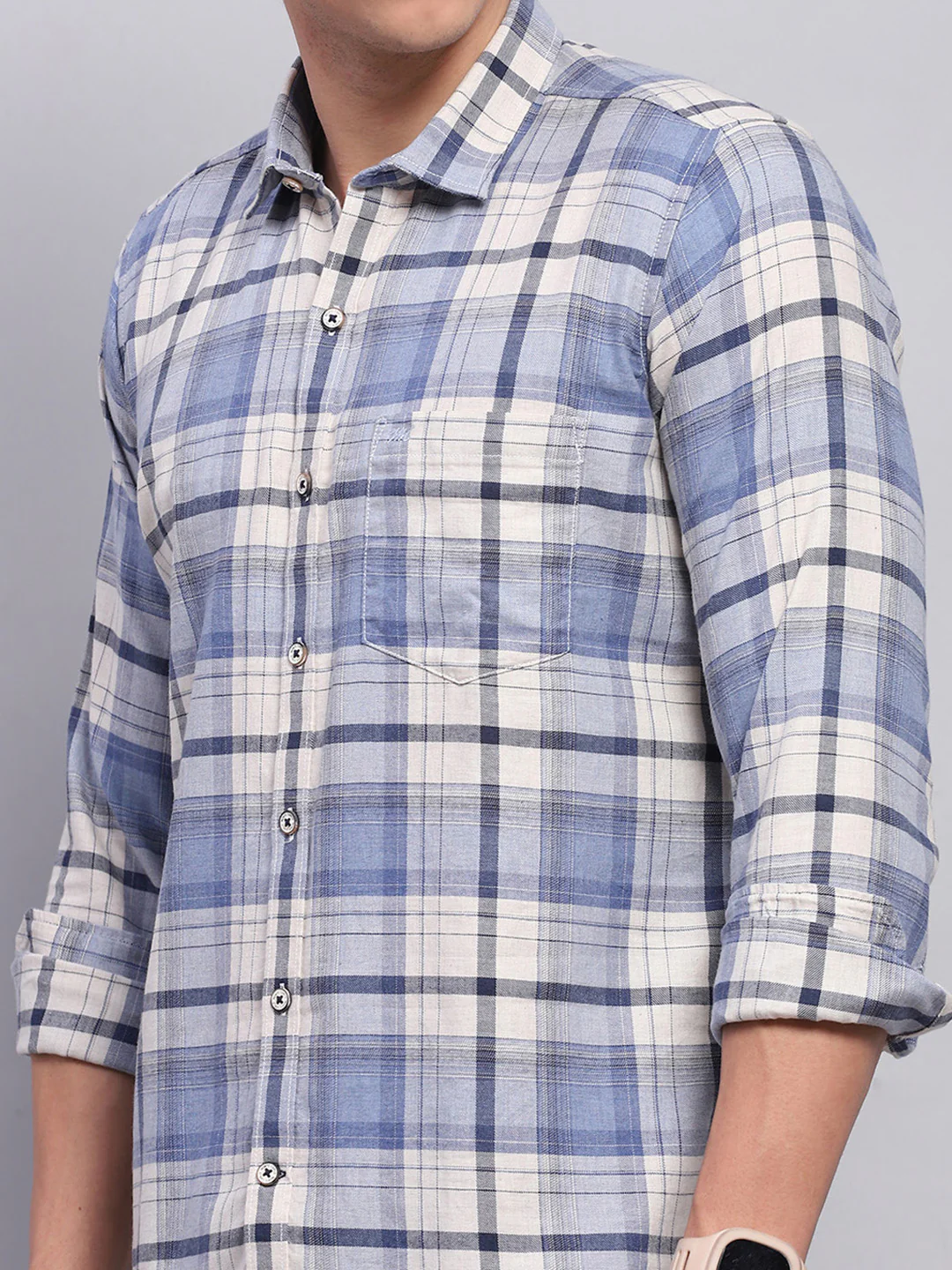Men Blue Check Collar Full Sleeve Shirt - Image 6