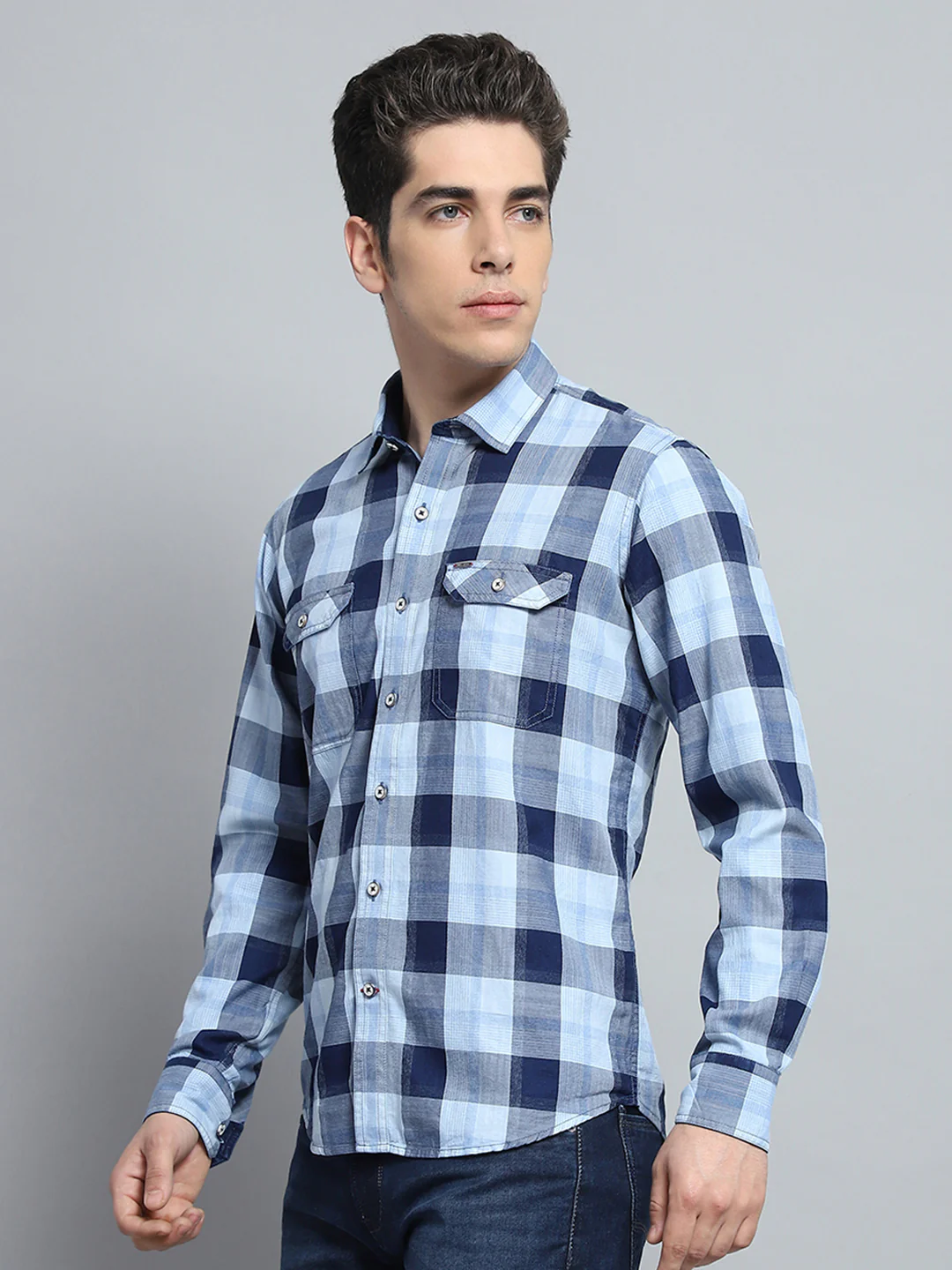 Men Blue Check Collar Full Sleeve Shirt - Image 3