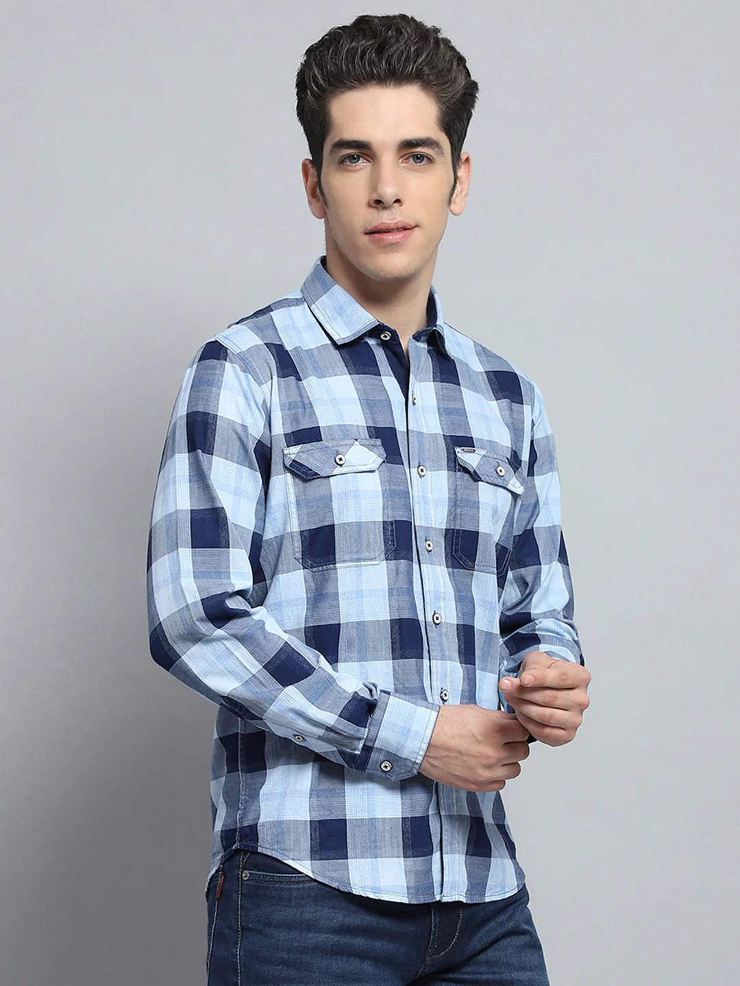 Men Blue Check Collar Full Sleeve Shirt - Image 4
