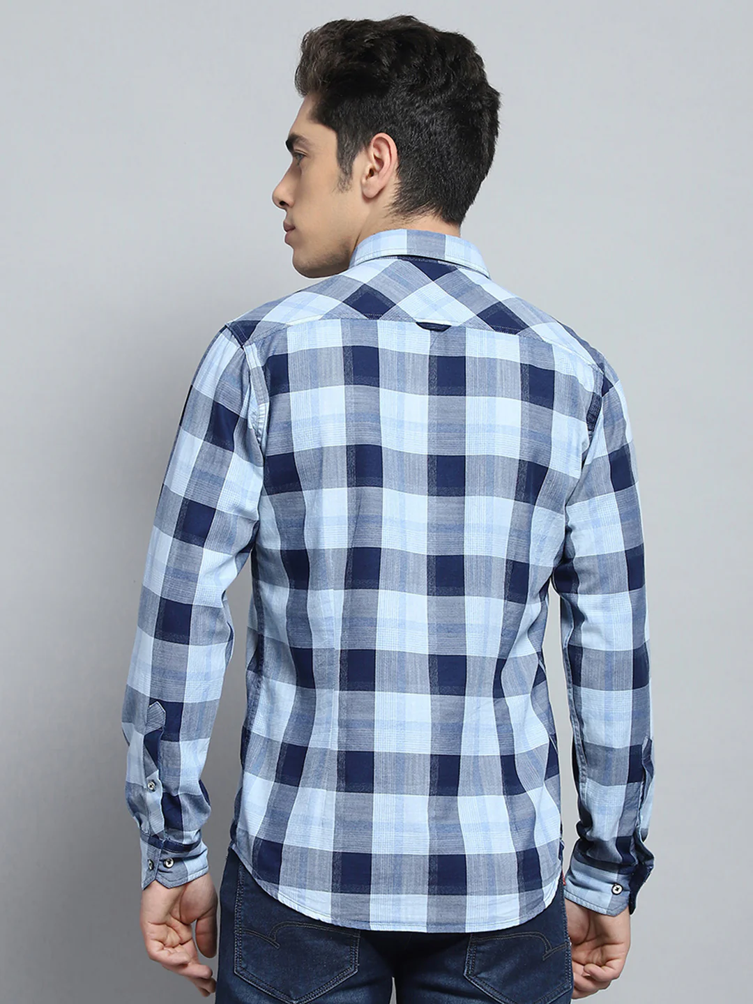 Men Blue Check Collar Full Sleeve Shirt - Image 5