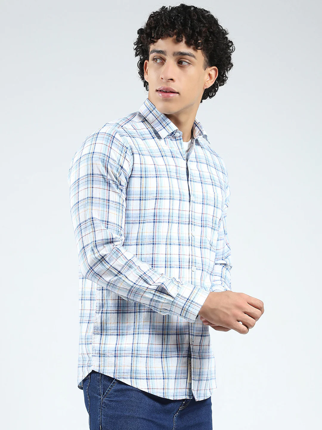 Men Blue Check Collar Full Sleeve Linen Shirt - Image 5
