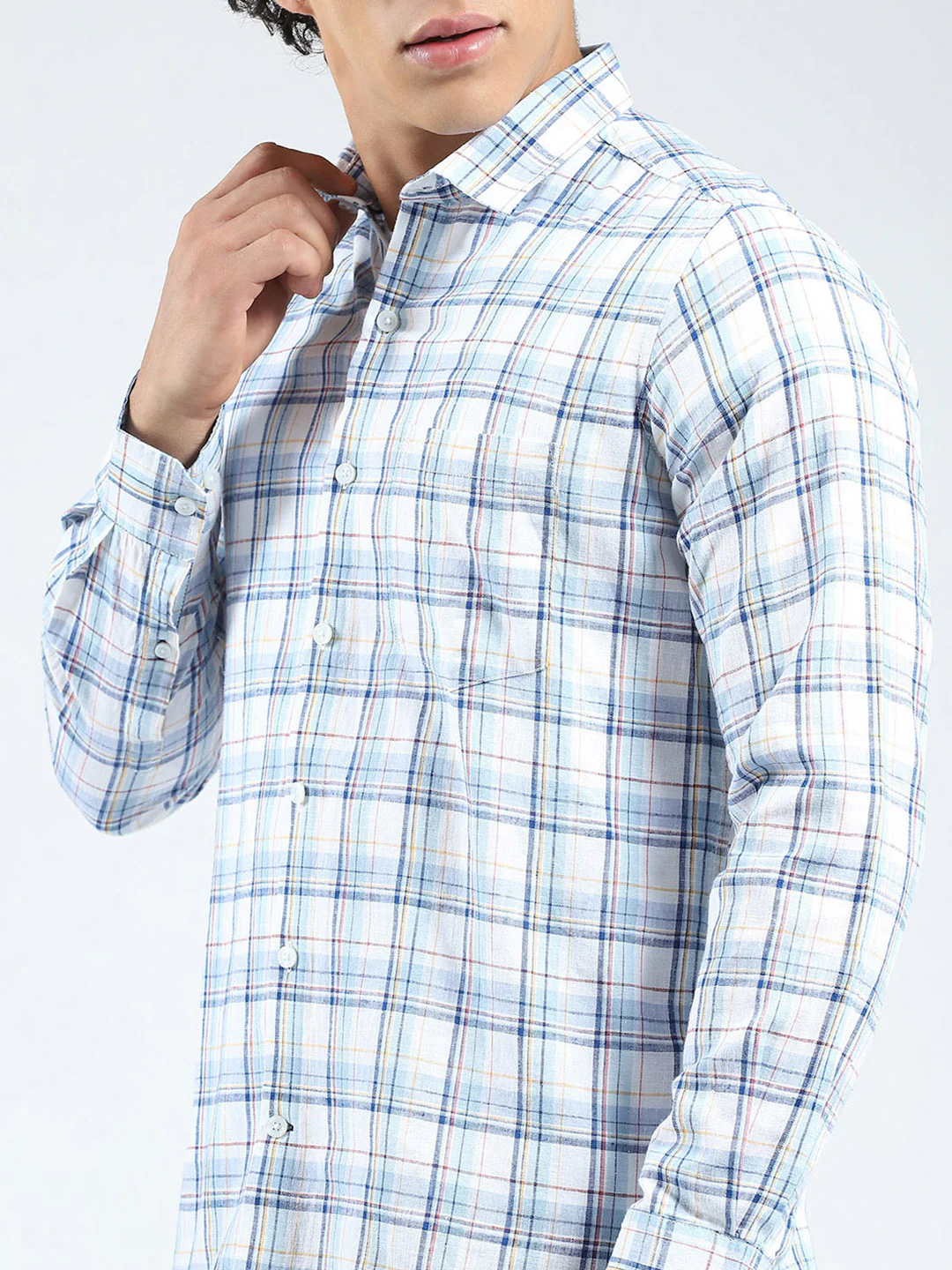 Men Blue Check Collar Full Sleeve Linen Shirt - Image 7