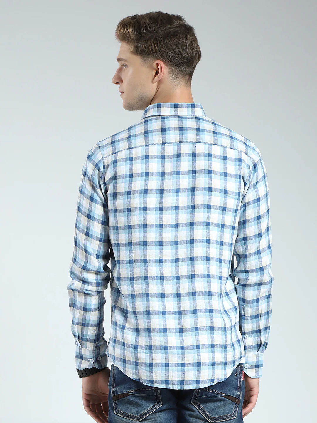 Men Blue Check Collar Full Sleeve Linen Shirt - Image 5