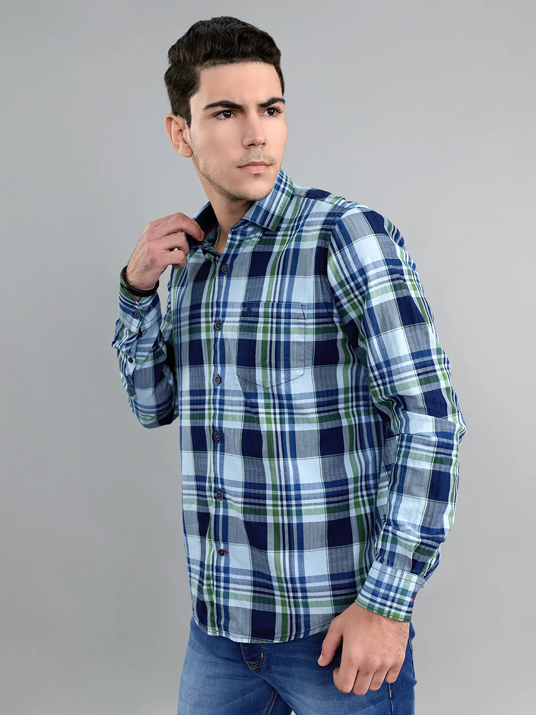 Men Blue Check Collar Full Sleeve Shirt - Image 3