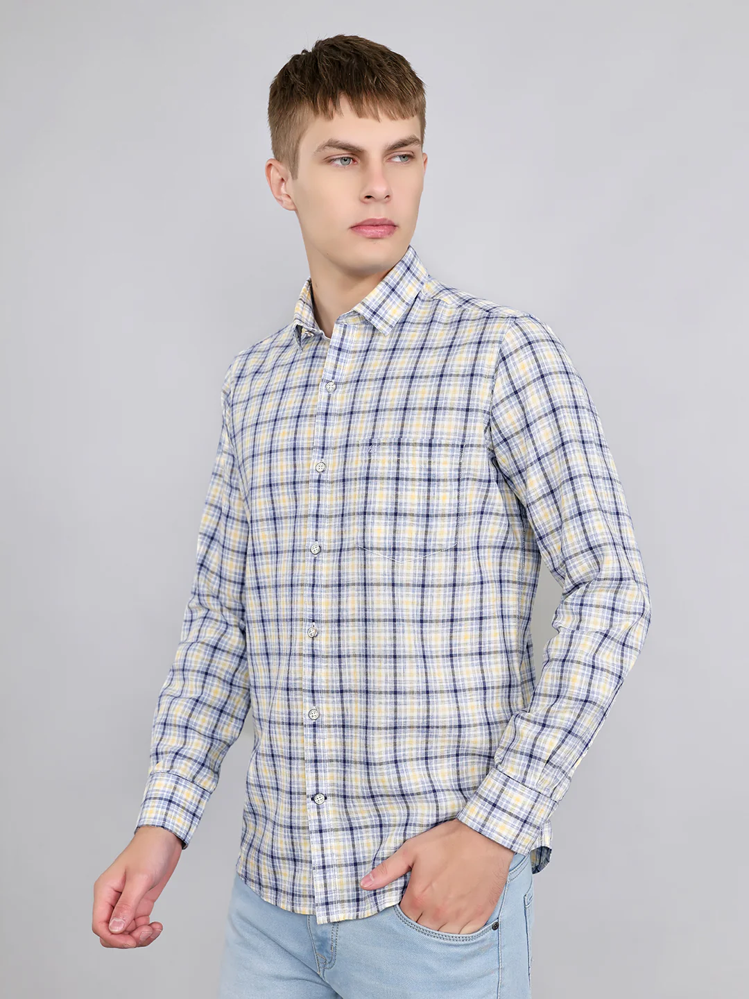 Men Blue Check Collar Full Sleeve Shirt - Image 2