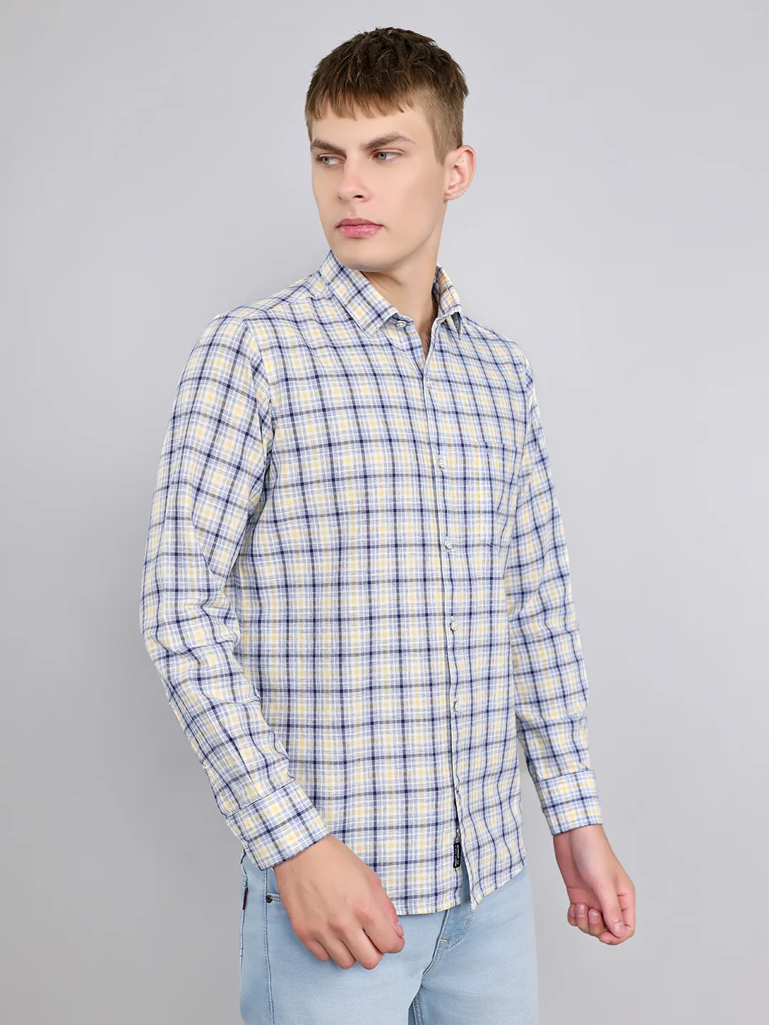 Men Blue Check Collar Full Sleeve Shirt - Image 3