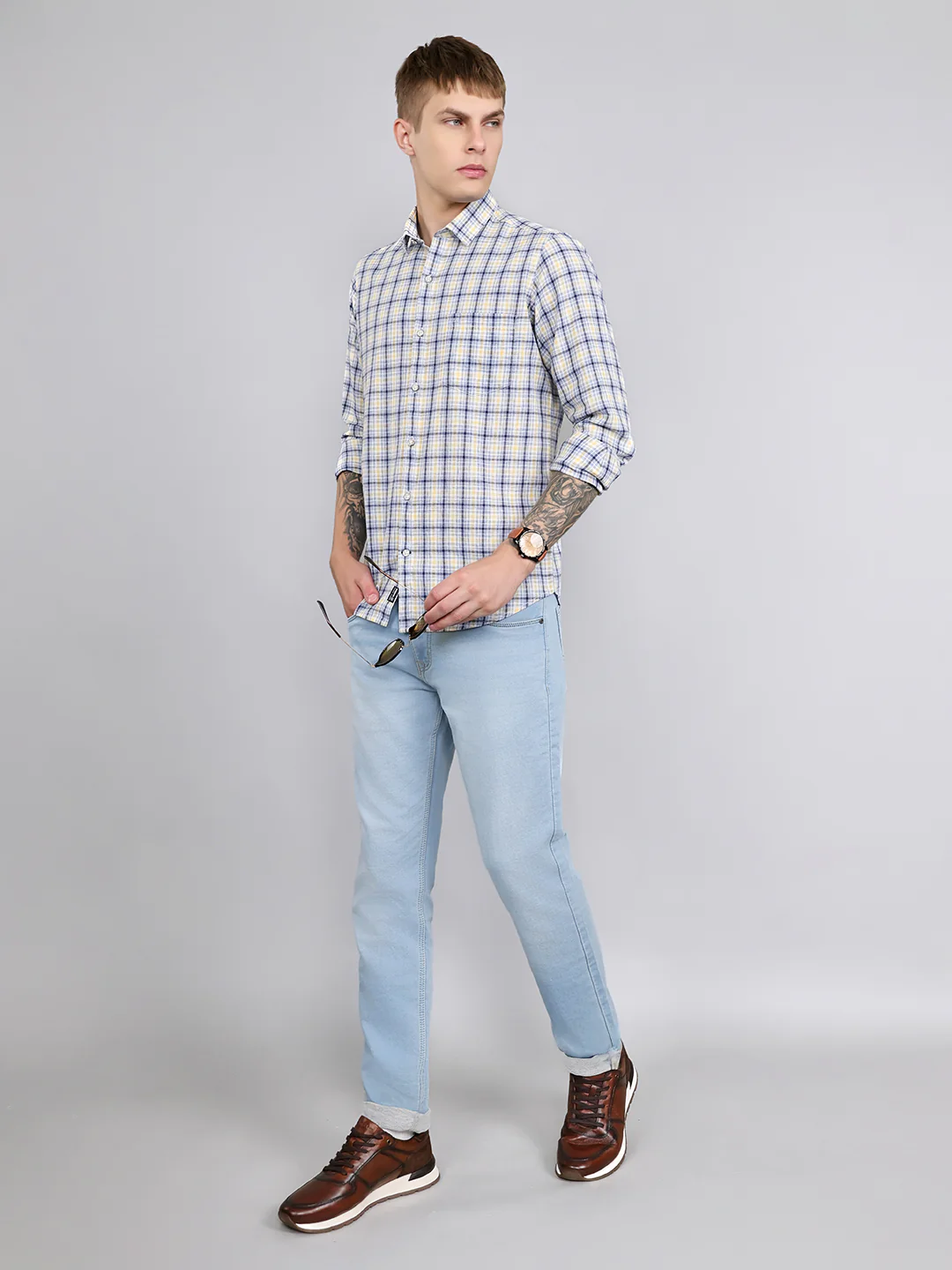 Men Blue Check Collar Full Sleeve Shirt - Image 6