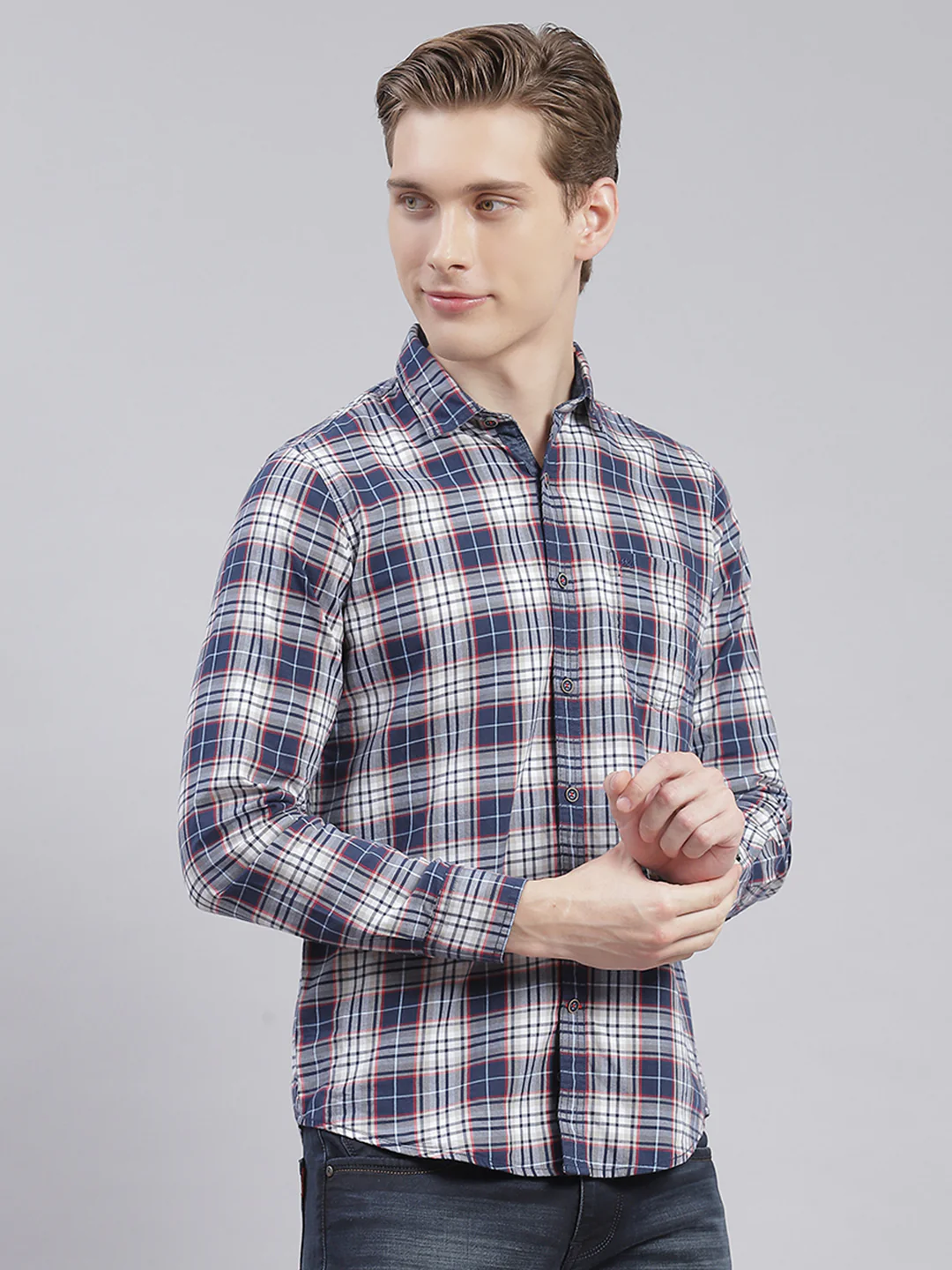 Men Blue Check Collar Full Sleeve Shirts - Image 4