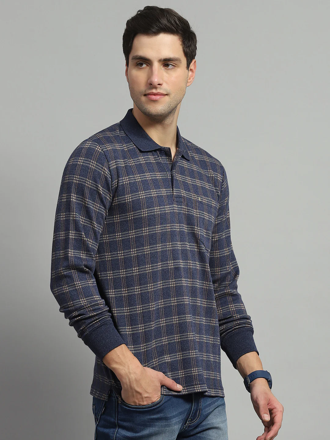Luxuria Men Blue Check Collar Full Sleeve Winter T-Shirt - Image 4