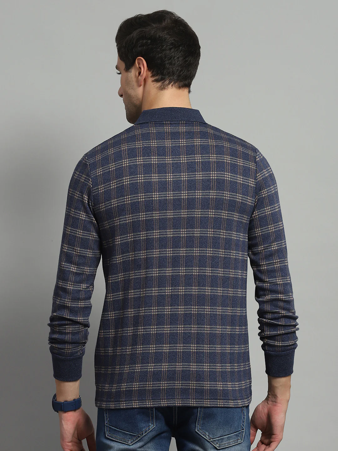 Luxuria Men Blue Check Collar Full Sleeve Winter T-Shirt - Image 5